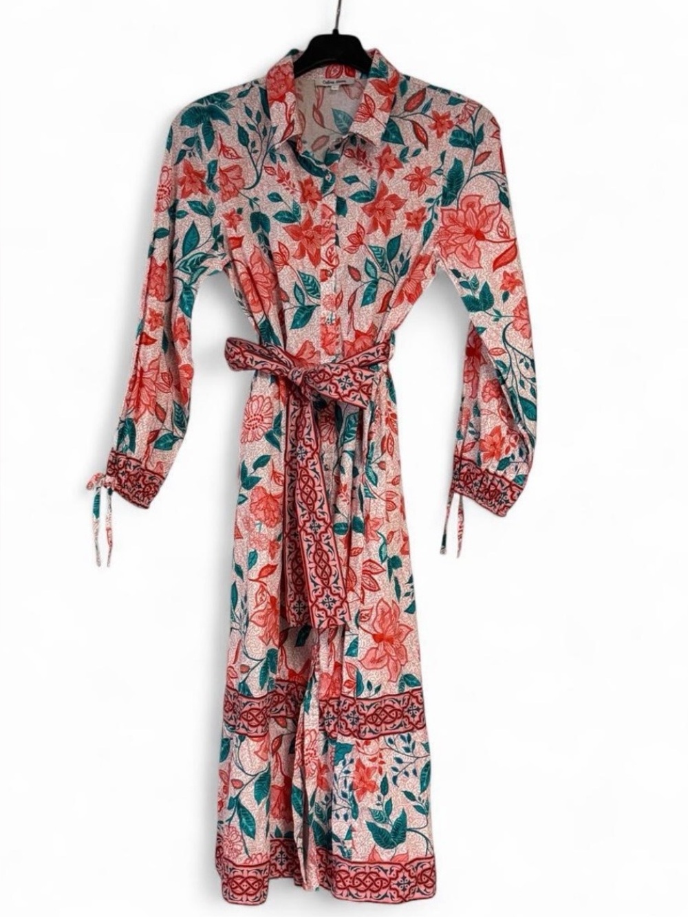 CELINA MOON Coral & Teal Floral Tie-Waist Maxi Dress
